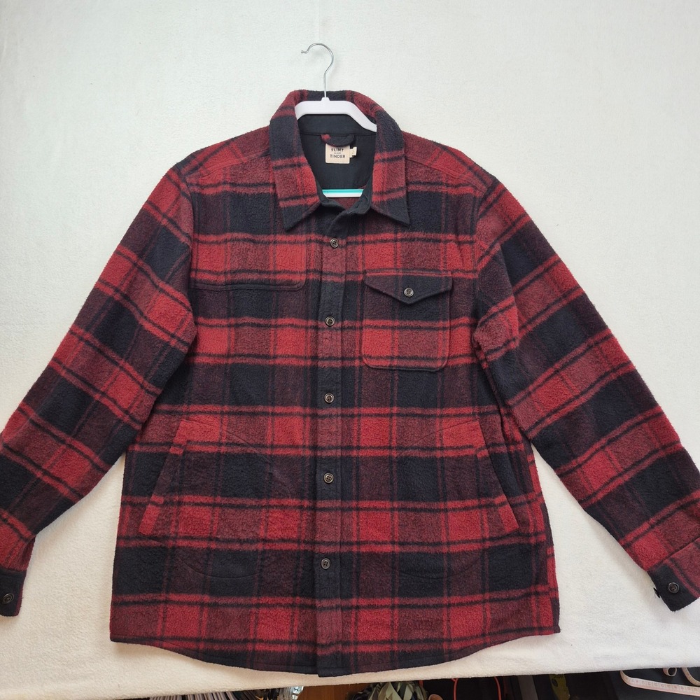 Flint and Tinder Mens XL Wool Blend Plaid Shirt Jacket Red Black General Brushed